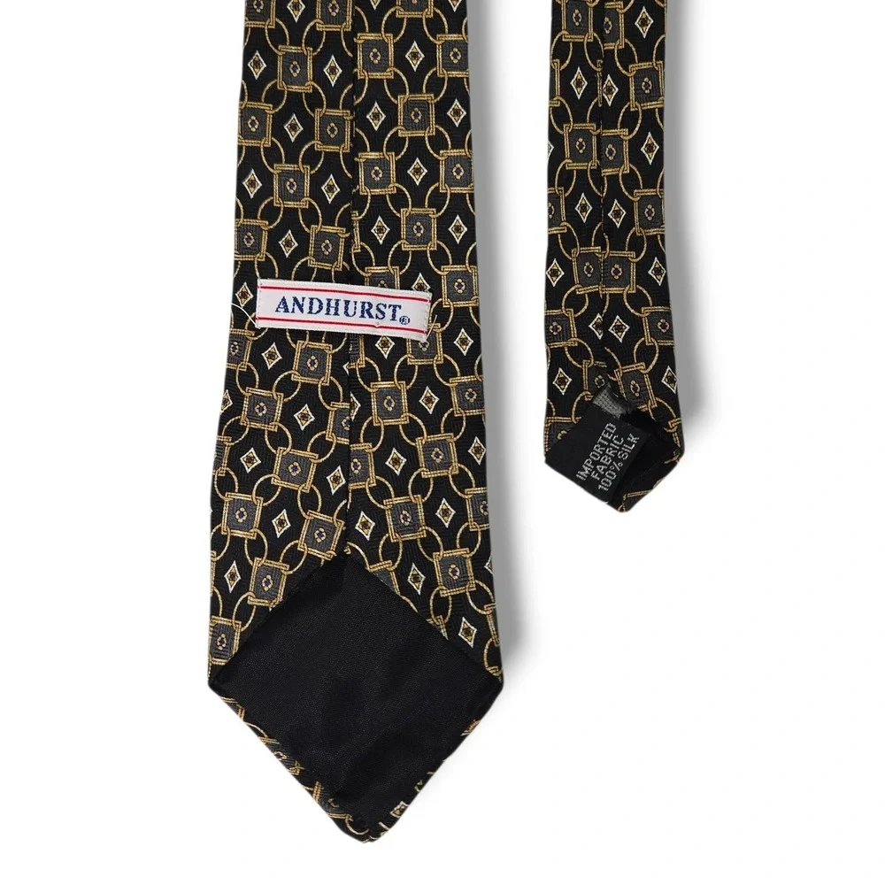 Andhurst Vintage Silk Necktie Geometric Chain Black‎ Gold Made USA Classic OS
